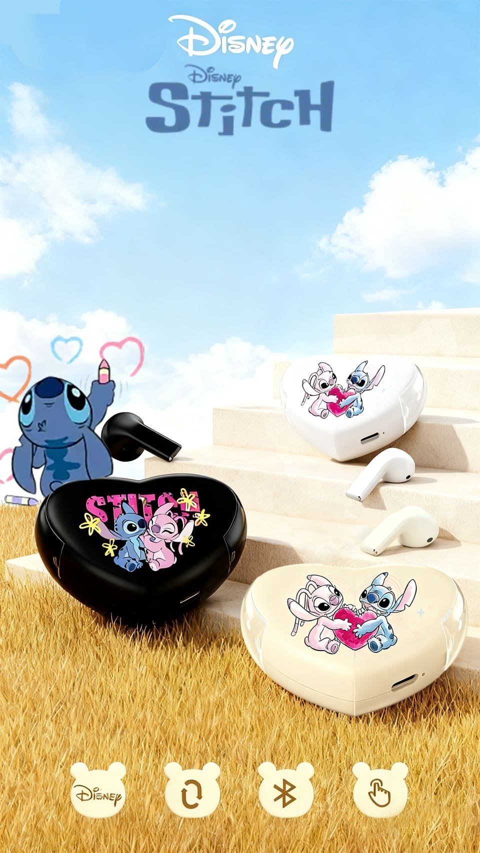Disney K520 Stitch Angella  Bluetooth Headset Wireless High Sound Quality In-Ear Couple Headphones