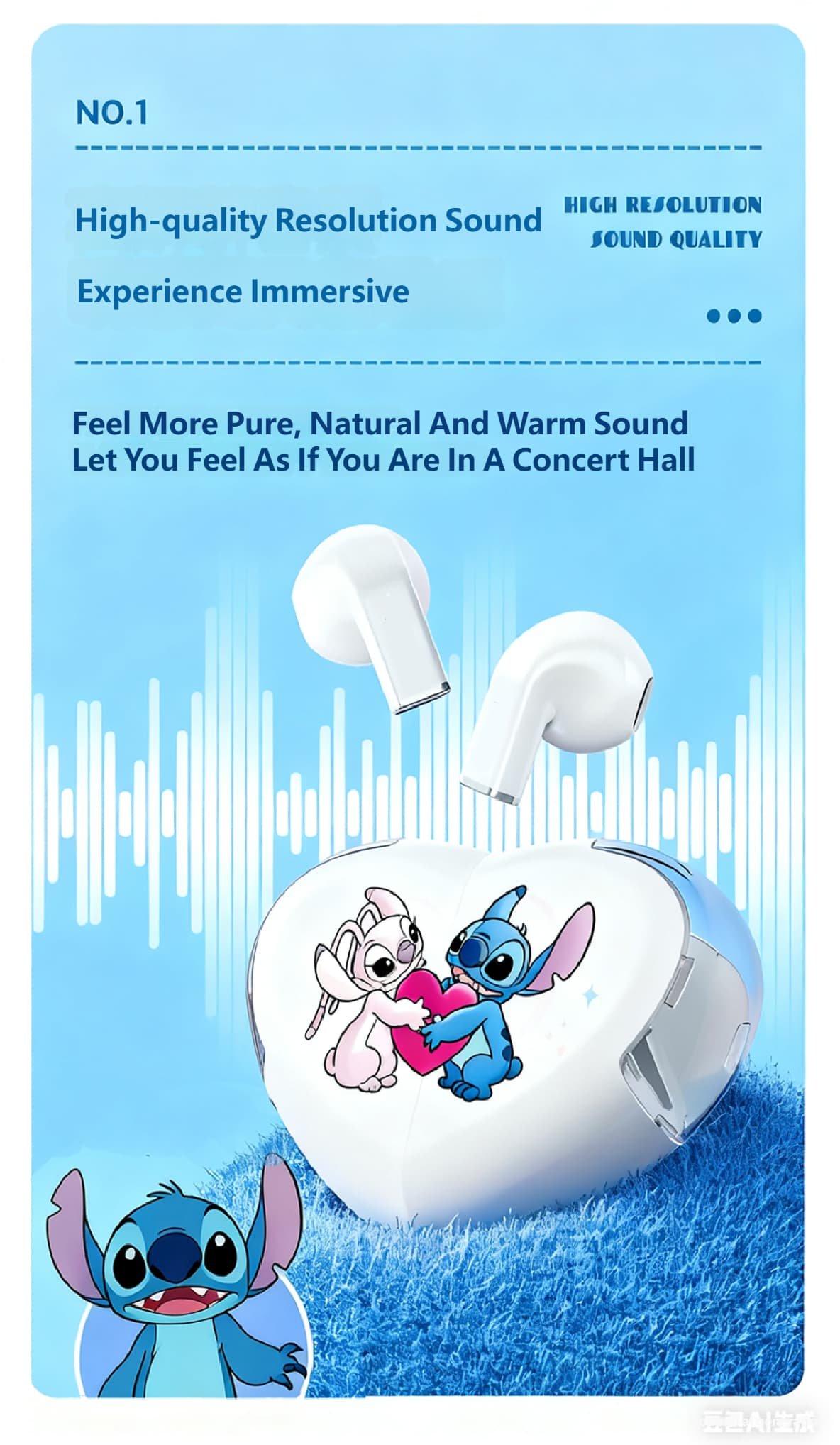 Disney K520 Stitch Angella Bluetooth Headset Wireless High Sound Quality In-Ear Couple Headphones - Image 2