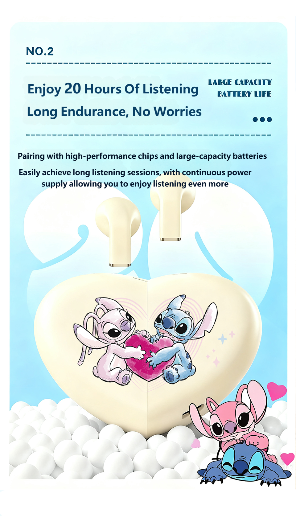 Disney K520 Stitch Angella Bluetooth Headset Wireless High Sound Quality In-Ear Couple Headphones - Image 3