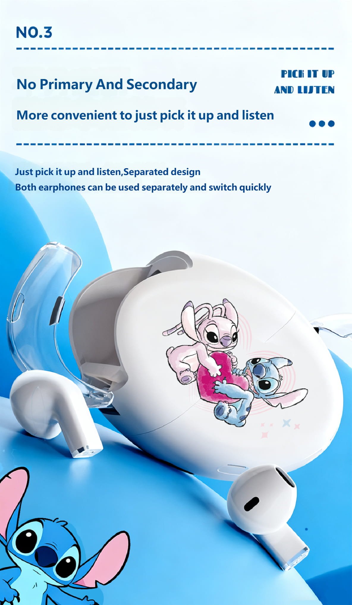 Disney K520 Stitch Angella Bluetooth Headset Wireless High Sound Quality In-Ear Couple Headphones - Image 4