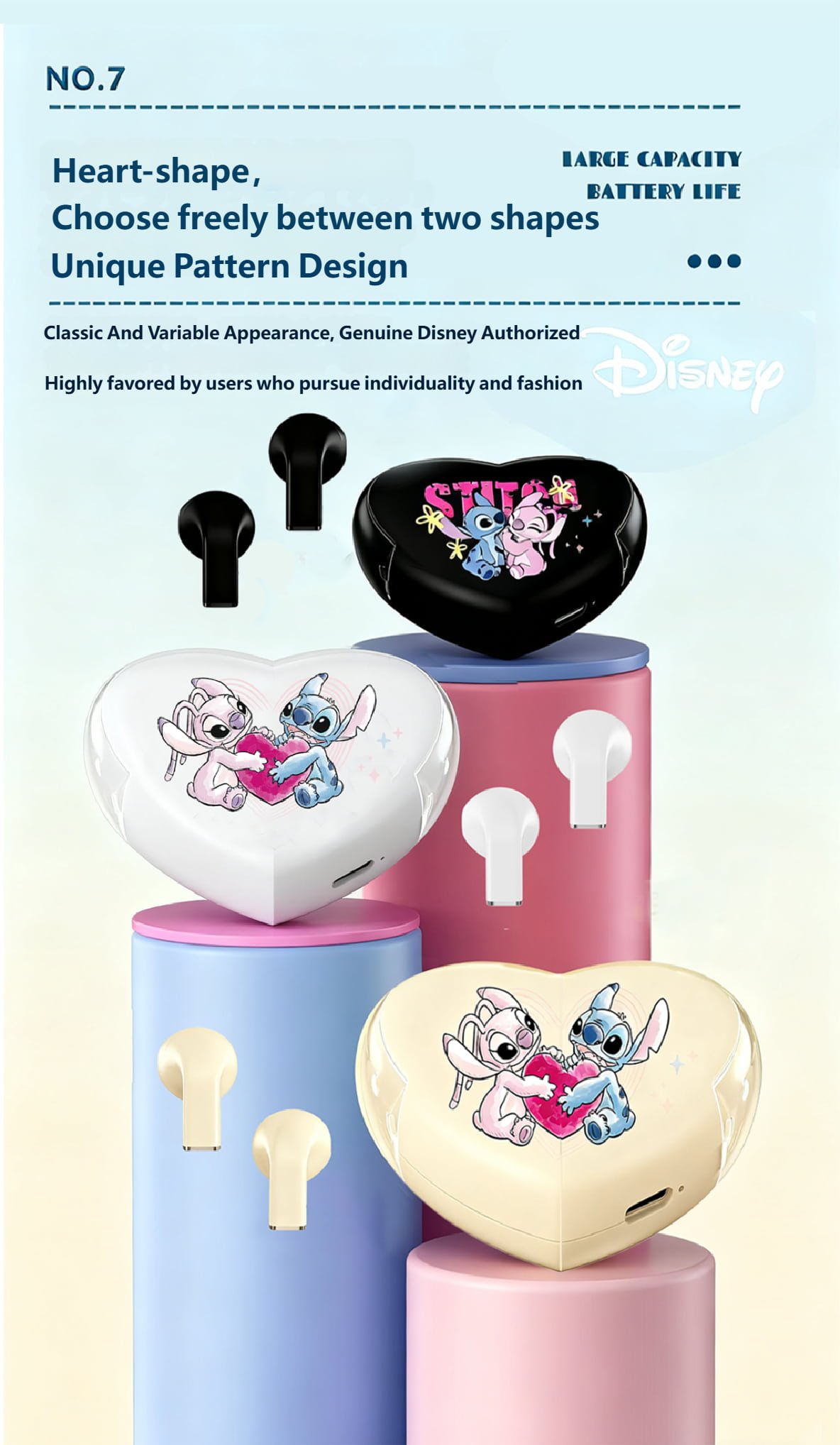 Disney K520 Stitch Angella Bluetooth Headset Wireless High Sound Quality In-Ear Couple Headphones - Image 8